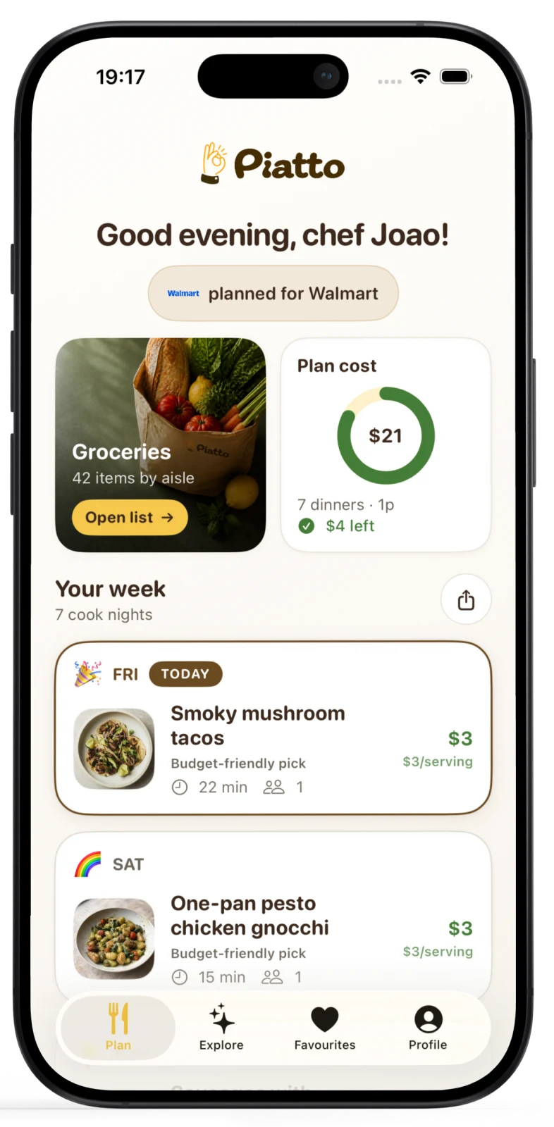 Piatto app showing a Walmart meal plan with a $21 cost, $4 left, an aisle-sorted grocery list, mushroom tacos, and chicken gnocchi.